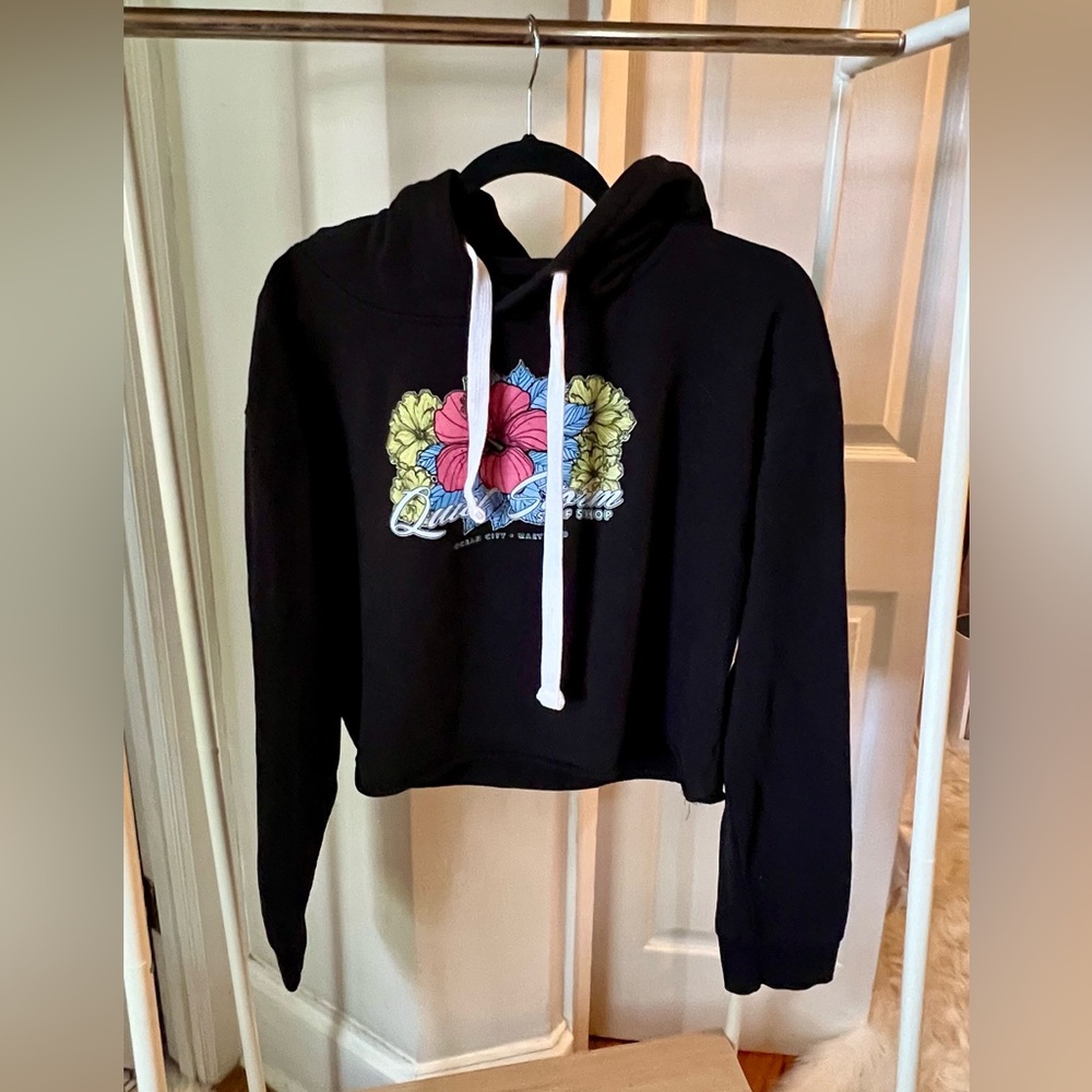 Quiet Storm Black Cropped Hoodie with Floral Design